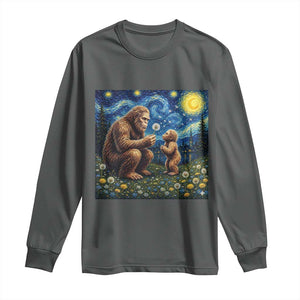 Bigfoot Blowing Dandelion Starry Night Long Sleeve Shirt Sasquatch Dad Fathers Day Father Son Matching TS14 Dark Heather Print Your Wear