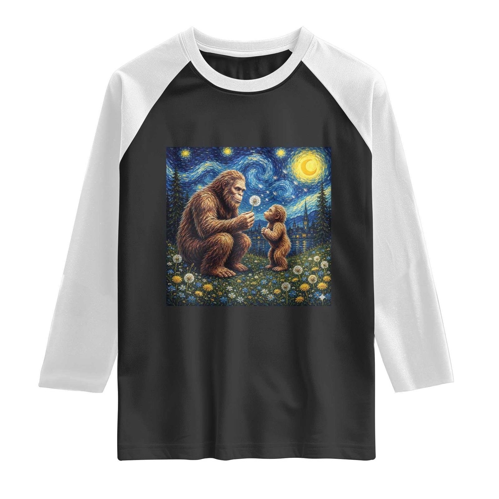 Bigfoot Blowing Dandelion Starry Night Raglan Shirt Sasquatch Dad Fathers Day Father Son Matching TS14 Black White Print Your Wear