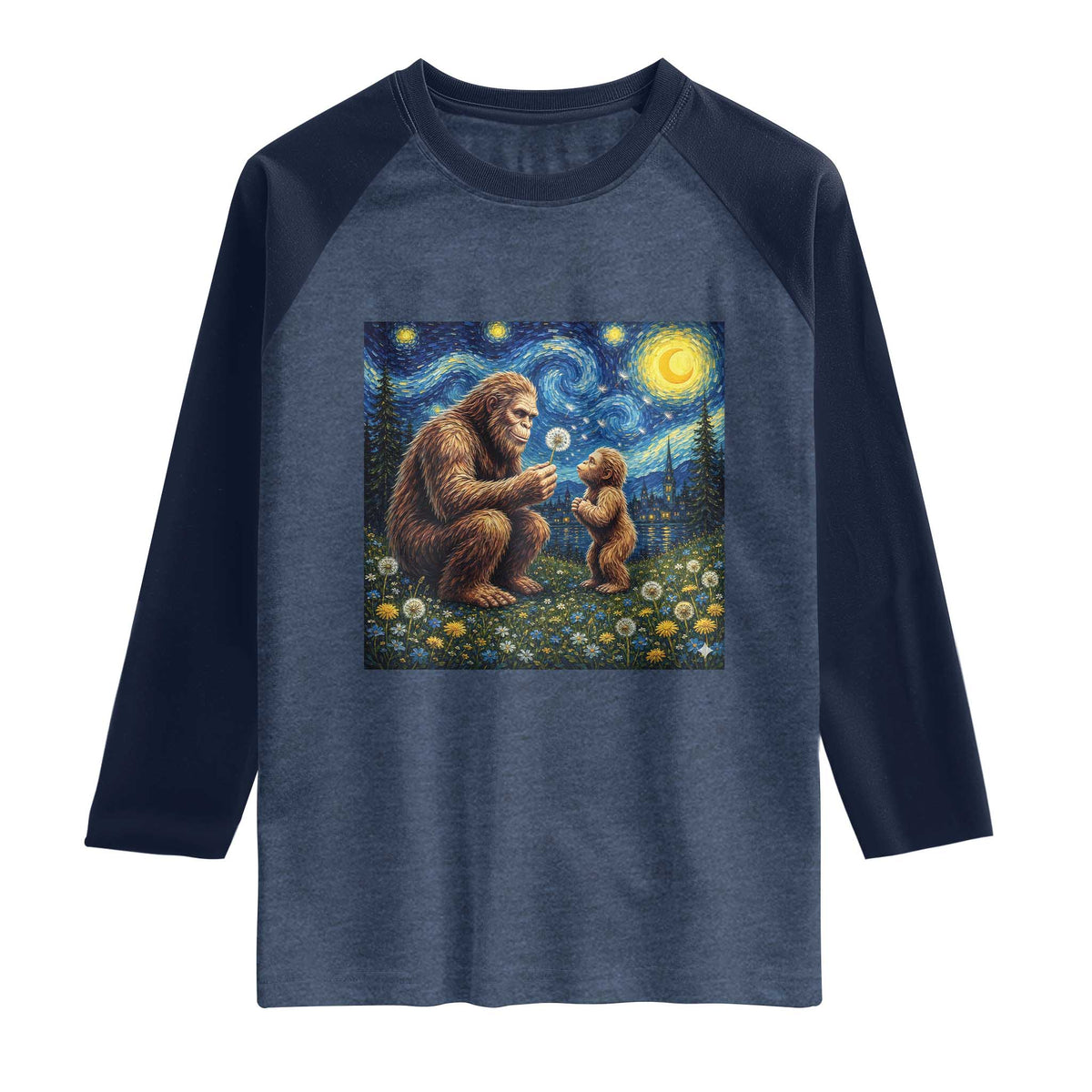 Bigfoot Blowing Dandelion Starry Night Raglan Shirt Sasquatch Dad Fathers Day Father Son Matching TS14 Heather Denim Navy Print Your Wear