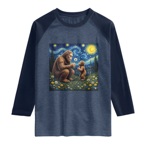 Bigfoot Blowing Dandelion Starry Night Raglan Shirt Sasquatch Dad Fathers Day Father Son Matching TS14 Heather Denim Navy Print Your Wear