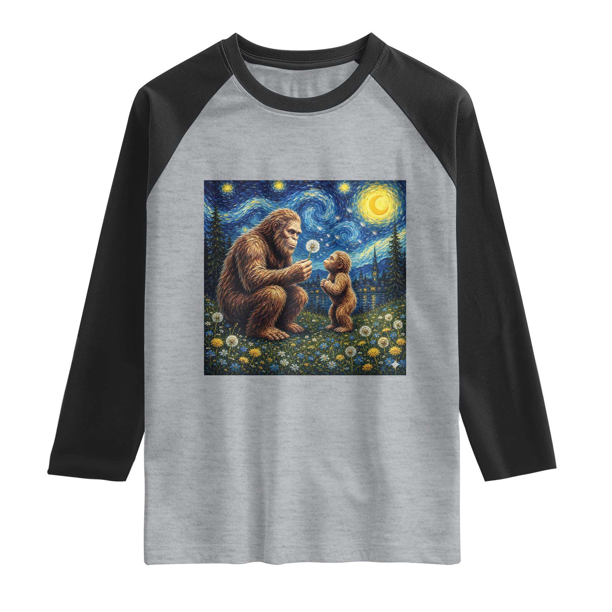 Bigfoot Blowing Dandelion Starry Night Raglan Shirt Sasquatch Dad Fathers Day Father Son Matching TS14 Heather Gray Black Print Your Wear