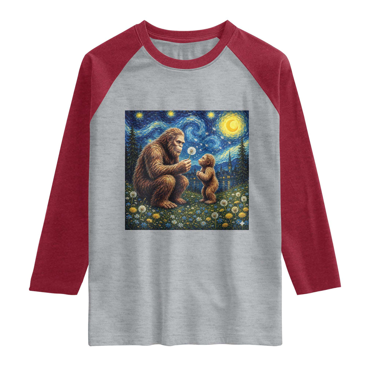 Bigfoot Blowing Dandelion Starry Night Raglan Shirt Sasquatch Dad Fathers Day Father Son Matching TS14 Heather Gray Heather Red Print Your Wear