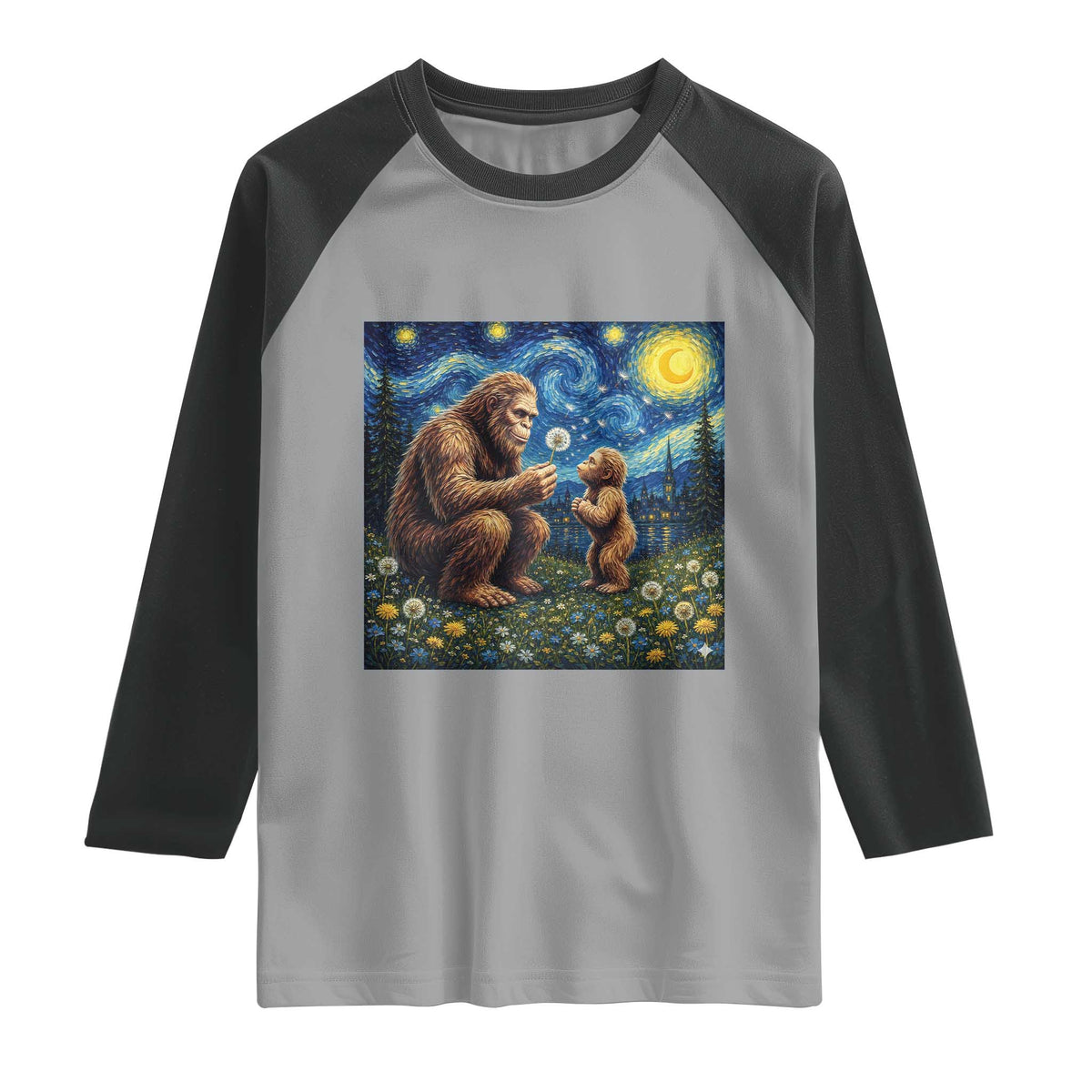 Bigfoot Blowing Dandelion Starry Night Raglan Shirt Sasquatch Dad Fathers Day Father Son Matching TS14 Sport Gray Black Print Your Wear