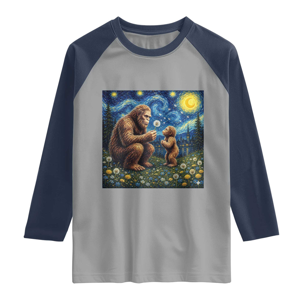 Bigfoot Blowing Dandelion Starry Night Raglan Shirt Sasquatch Dad Fathers Day Father Son Matching TS14 Sport Gray Navy Print Your Wear