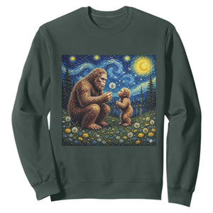 Bigfoot Blowing Dandelion Starry Night Sweatshirt Sasquatch Dad Fathers Day Father Son Matching TS14 Dark Forest Green Print Your Wear