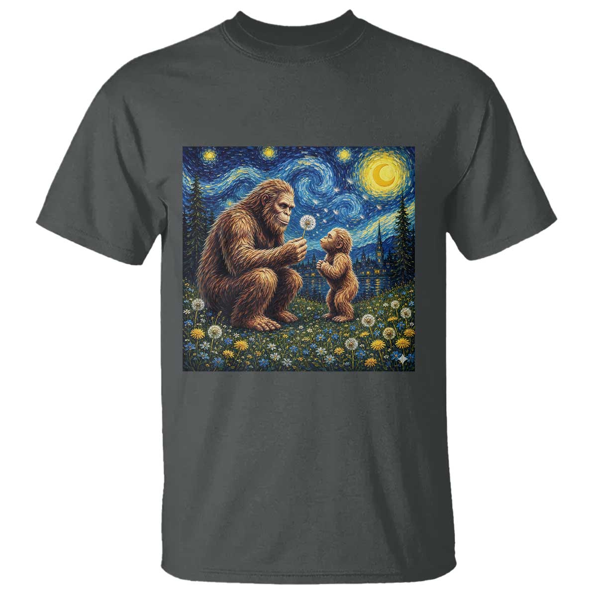Bigfoot Blowing Dandelion Starry Night T Shirt Sasquatch Dad Fathers Day Father Son Matching TS14 Dark Heather Print Your Wear