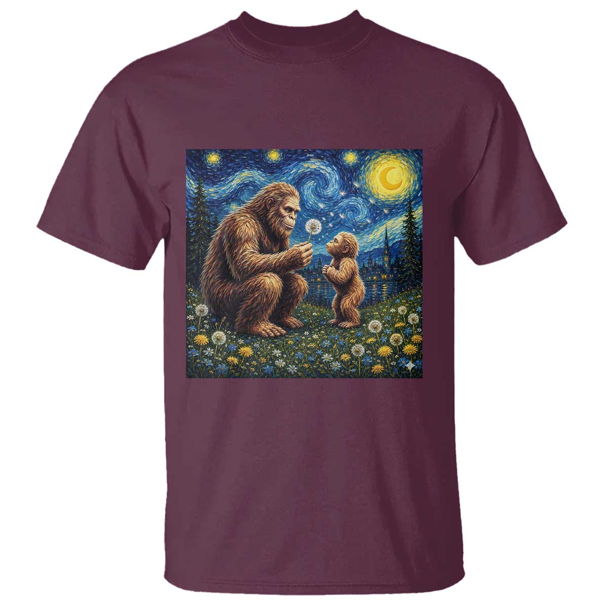 Bigfoot Blowing Dandelion Starry Night T Shirt Sasquatch Dad Fathers Day Father Son Matching TS14 Maroon Print Your Wear