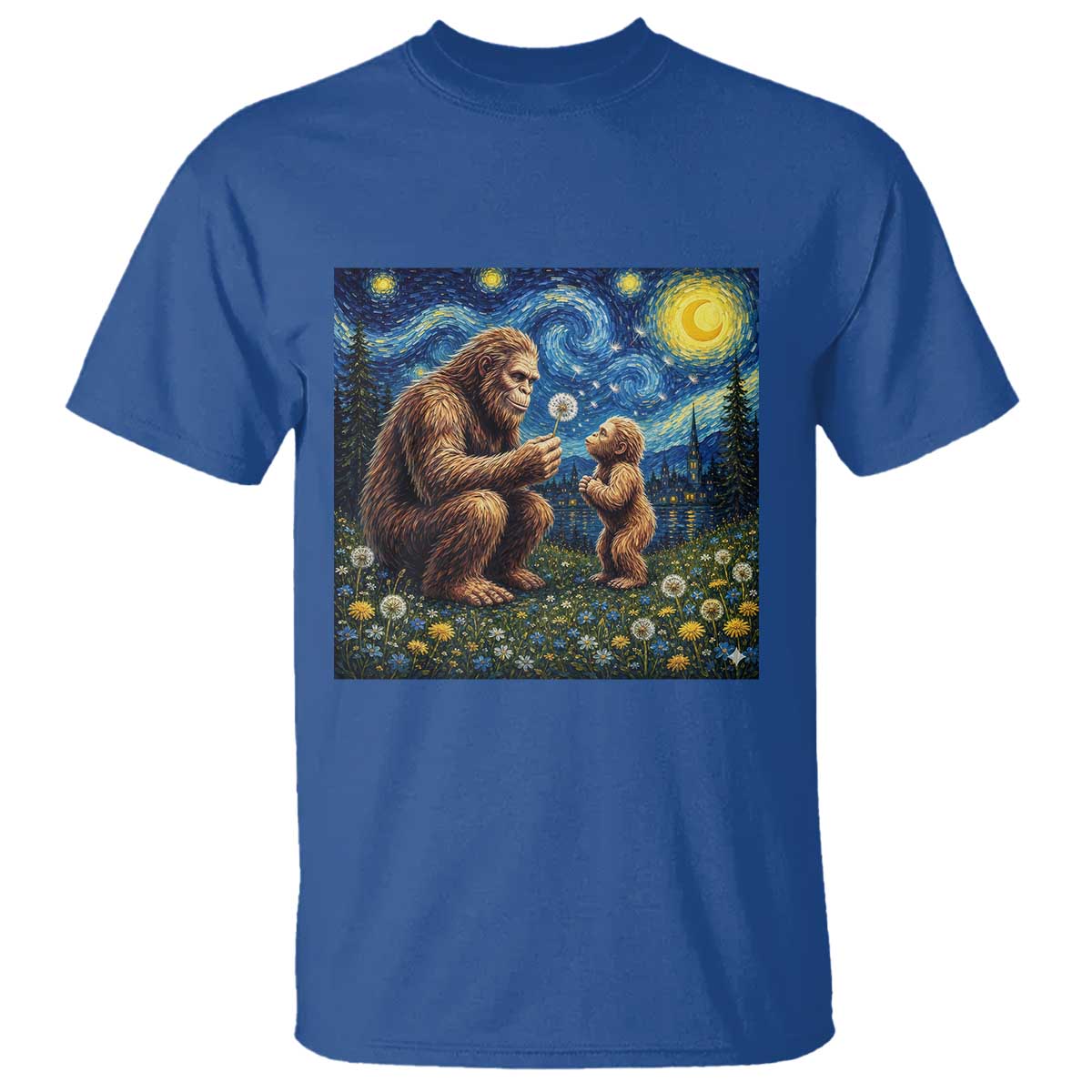 Bigfoot Blowing Dandelion Starry Night T Shirt Sasquatch Dad Fathers Day Father Son Matching TS14 Royal Blue Print Your Wear
