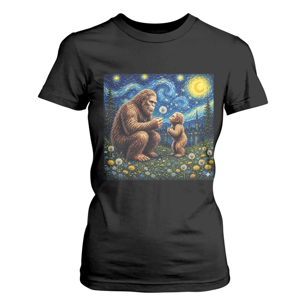 Bigfoot Blowing Dandelion Starry Night T Shirt For Women Sasquatch Dad Fathers Day Father Son Matching TS14 Black Print Your Wear