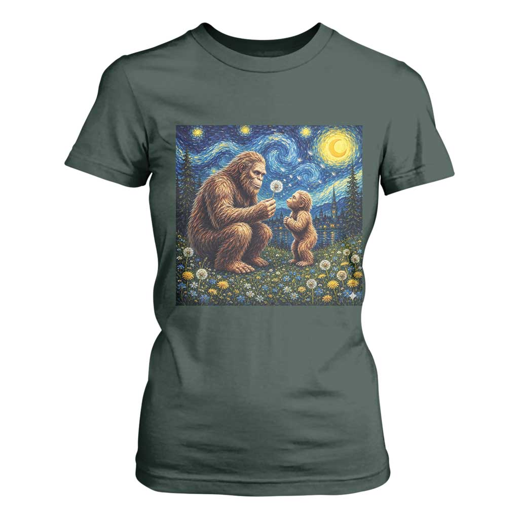 Bigfoot Blowing Dandelion Starry Night T Shirt For Women Sasquatch Dad Fathers Day Father Son Matching TS14 Dark Forest Green Print Your Wear
