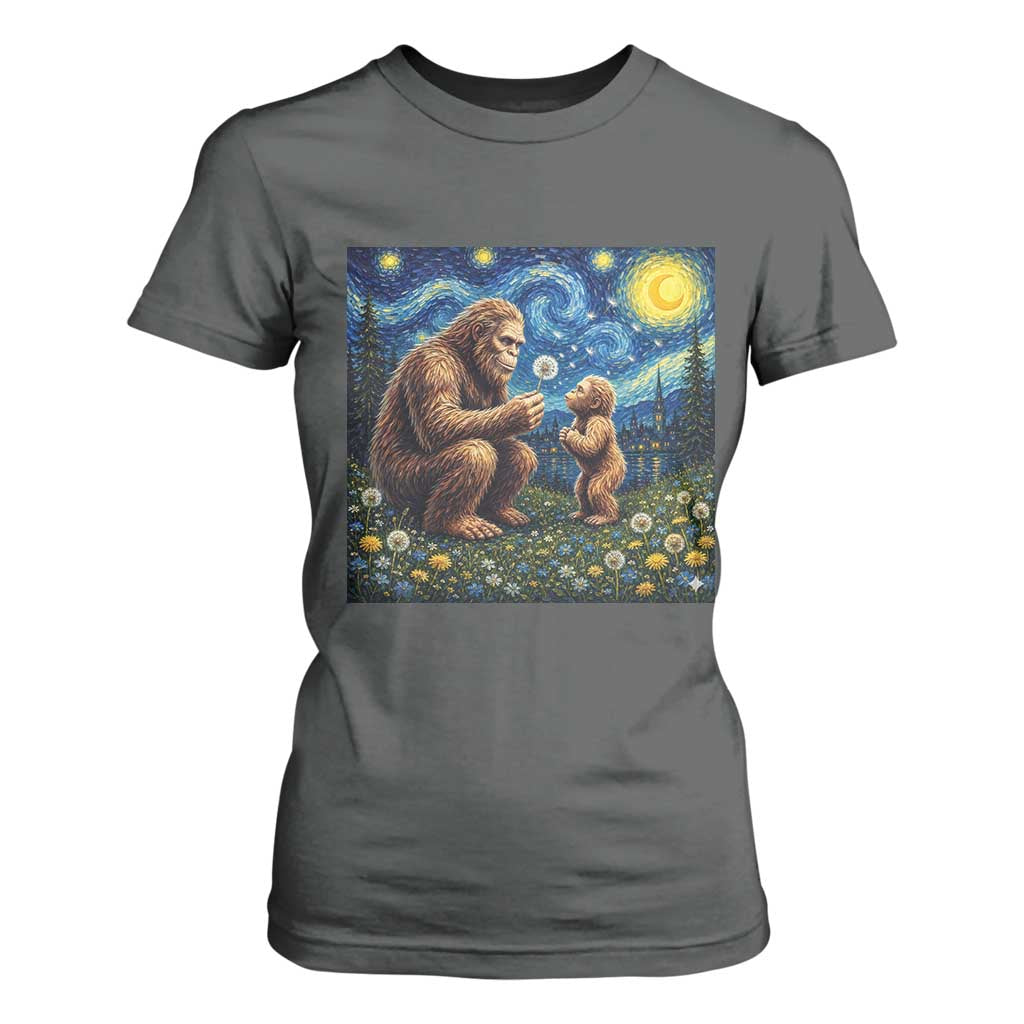 Bigfoot Blowing Dandelion Starry Night T Shirt For Women Sasquatch Dad Fathers Day Father Son Matching TS14 Dark Heather Print Your Wear
