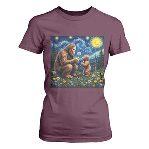 Bigfoot Blowing Dandelion Starry Night T Shirt For Women Sasquatch Dad Fathers Day Father Son Matching TS14 Maroon Print Your Wear