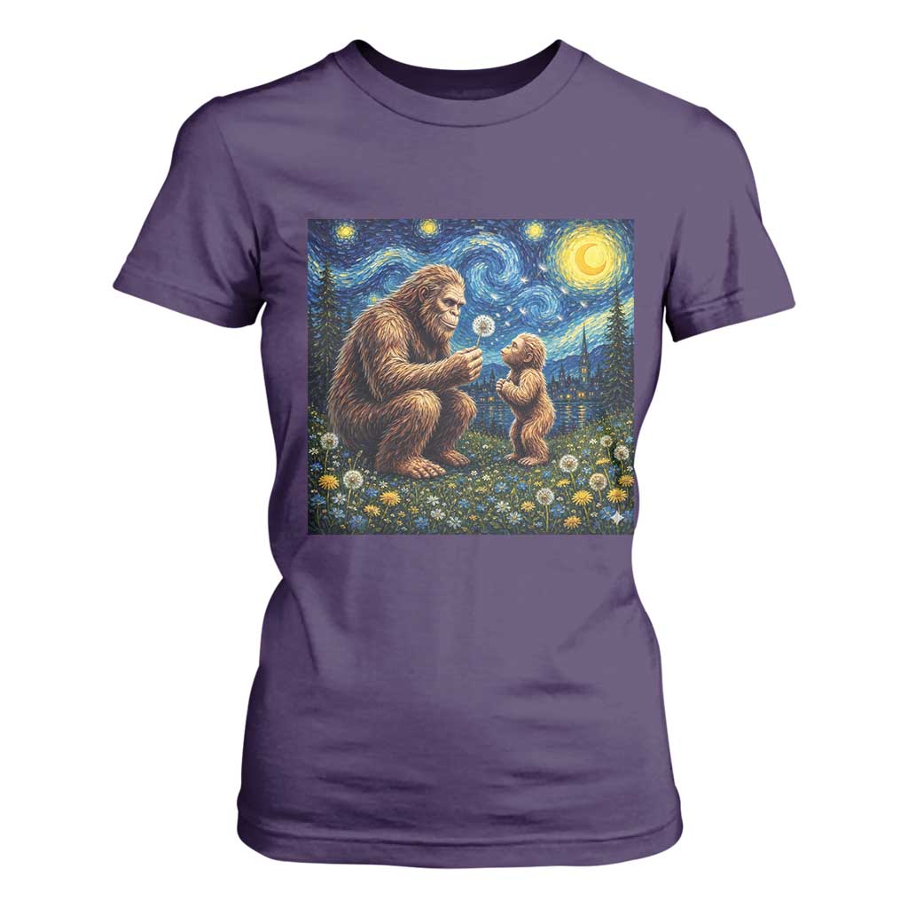 Bigfoot Blowing Dandelion Starry Night T Shirt For Women Sasquatch Dad Fathers Day Father Son Matching TS14 Purple Print Your Wear