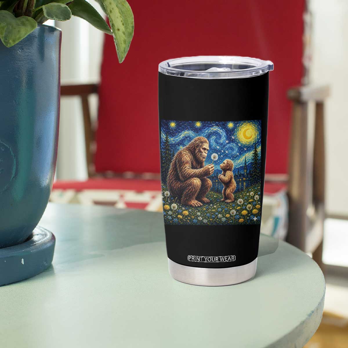 Bigfoot Blowing Dandelion Starry Night Tumbler Cup Sasquatch Dad Fathers Day Father Son Matching TS14 Print Your Wear