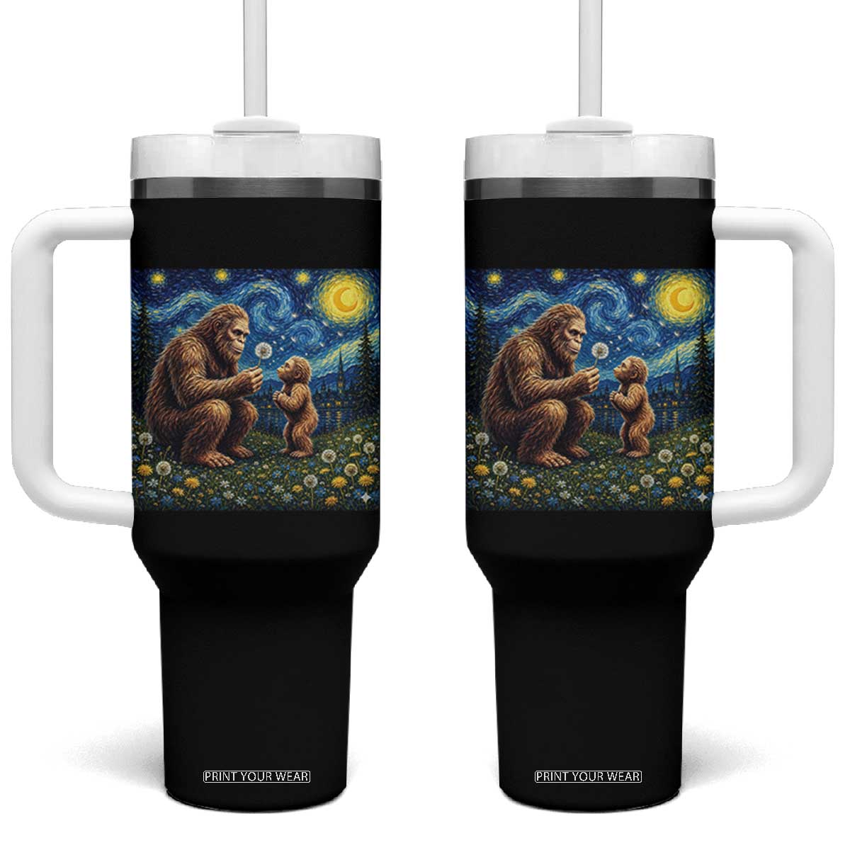 Bigfoot Blowing Dandelion Starry Night Tumbler With Handle Sasquatch Dad Fathers Day Father Son Matching TS14 One Size: 40 oz Black Print Your Wear