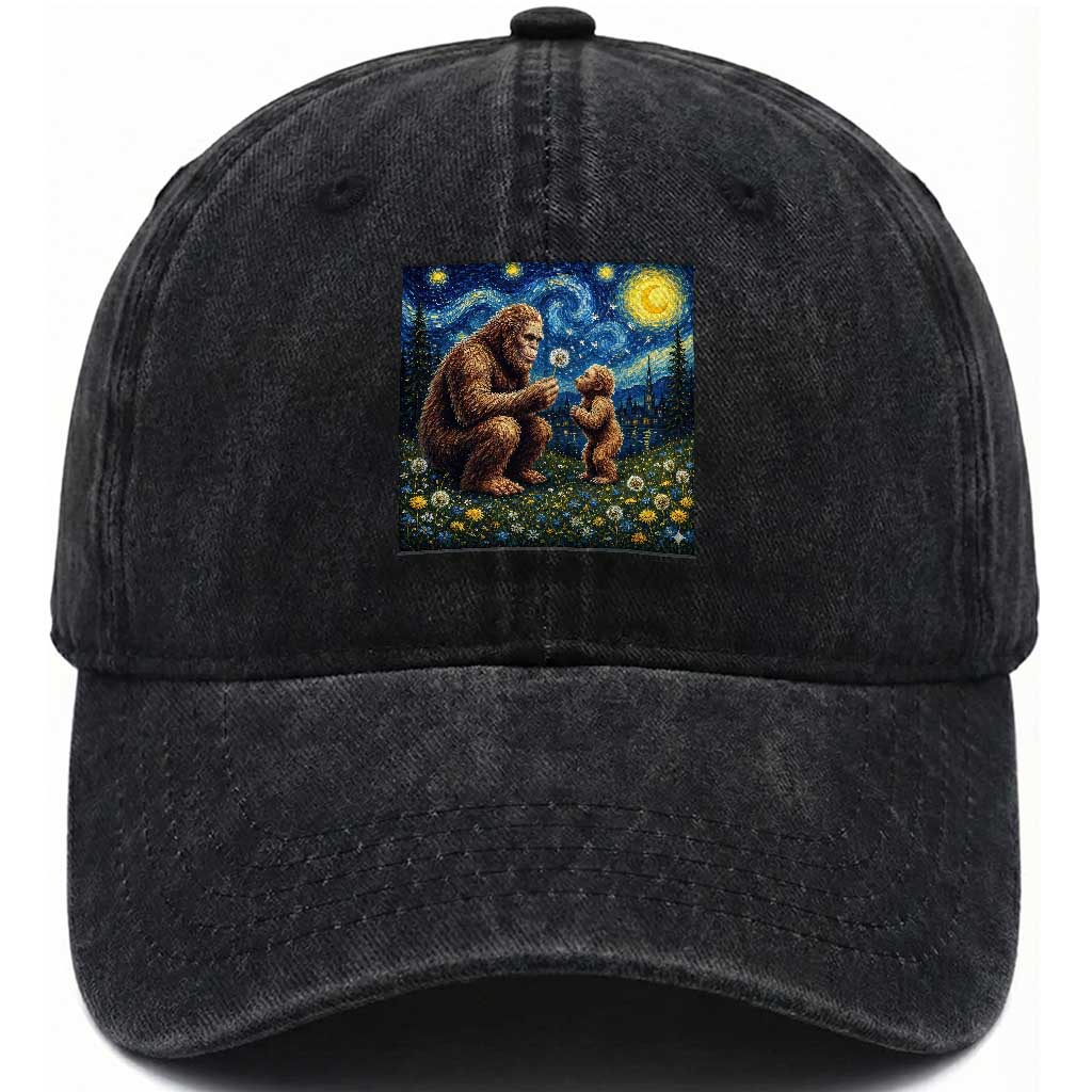 Bigfoot Blowing Dandelion Starry Night Washed Cotton Baseball Cap Sasquatch Dad Fathers Day Father Son Matching TS14 Print Your Wear