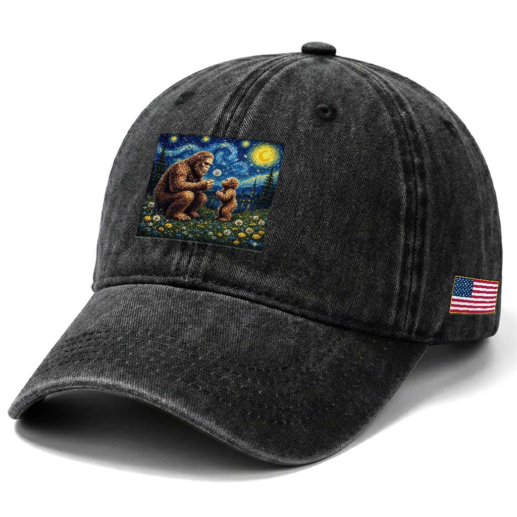 Bigfoot Blowing Dandelion Starry Night Washed Cotton Baseball Cap Sasquatch Dad Fathers Day Father Son Matching TS14 Print Your Wear