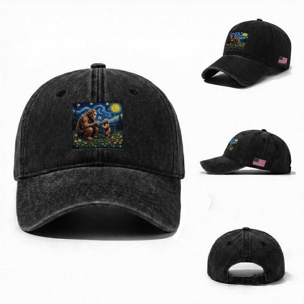 Bigfoot Blowing Dandelion Starry Night Washed Cotton Baseball Cap Sasquatch Dad Fathers Day Father Son Matching TS14 Washed Cap Universal Fit Black Print Your Wear