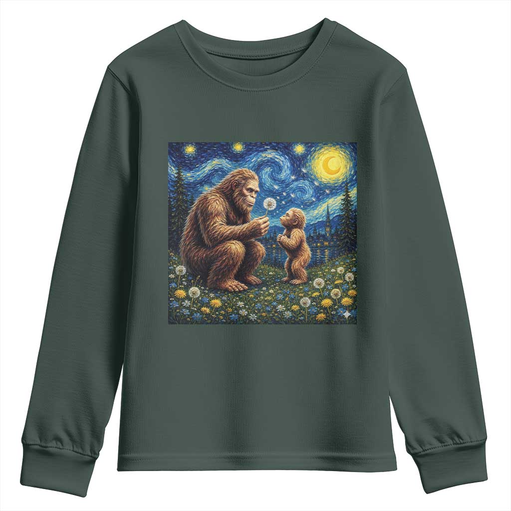 Bigfoot Blowing Dandelion Starry Night Youth Sweatshirt Sasquatch Dad Fathers Day Father Son Matching TS14 Dark Forest Green Print Your Wear