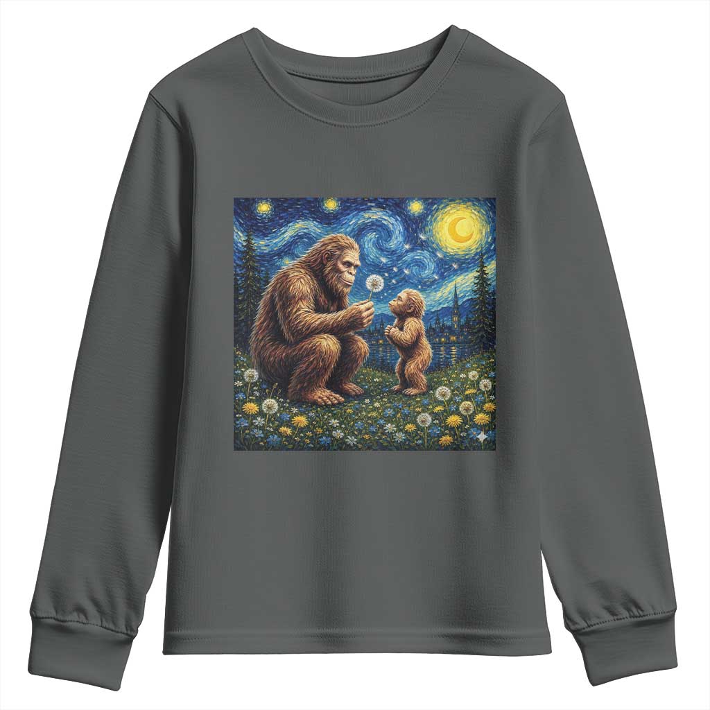 Bigfoot Blowing Dandelion Starry Night Youth Sweatshirt Sasquatch Dad Fathers Day Father Son Matching TS14 Dark Heather Print Your Wear