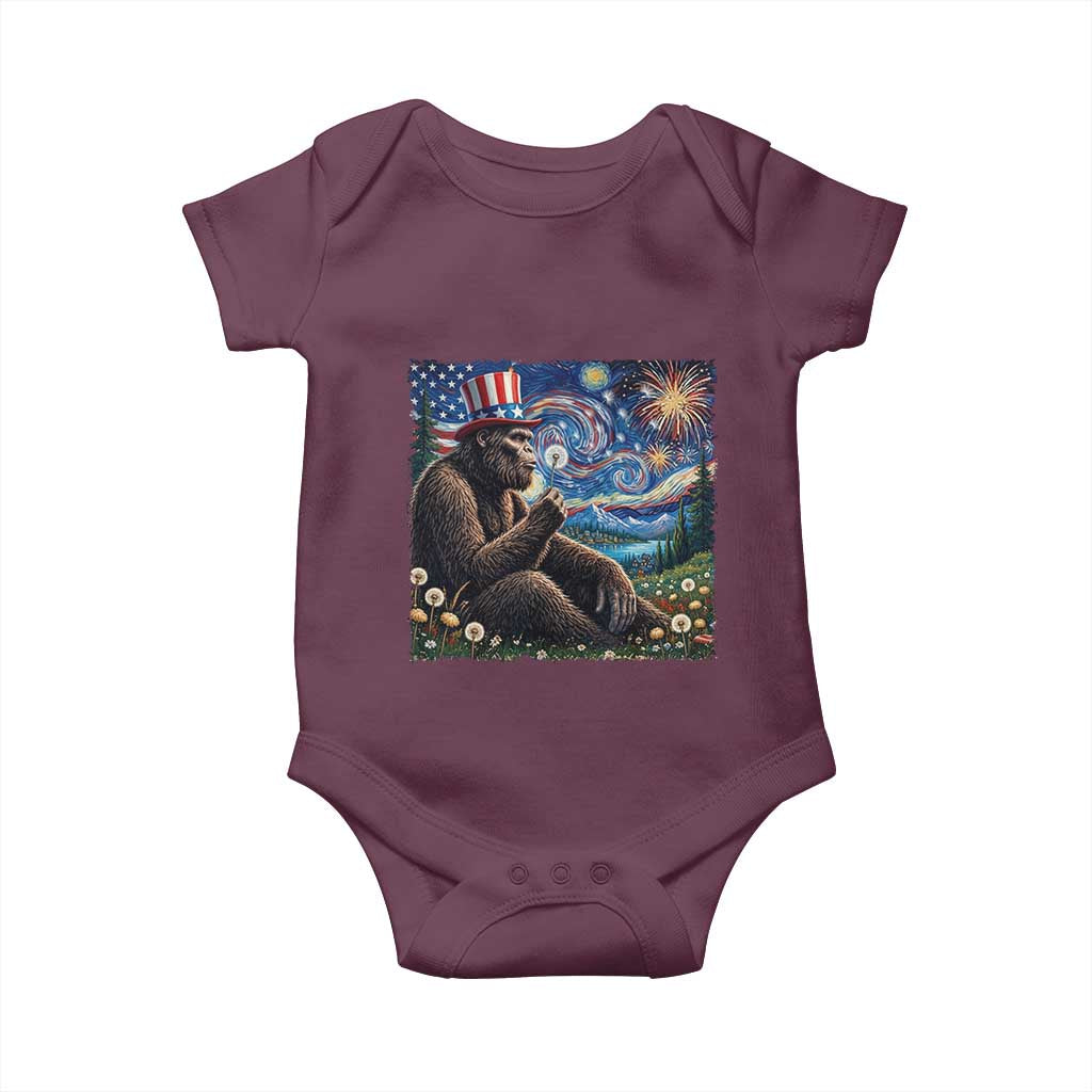 Bigfoot Blowing Dandelion Baby Onesie Sasquatch Van Gogh Starry Night 4th of July TS14 Maroon Print Your Wear