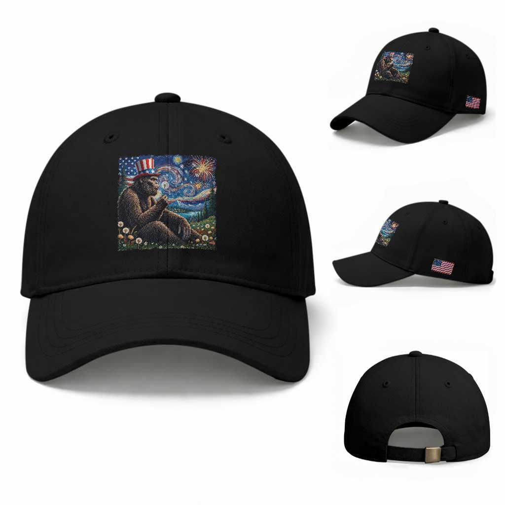 Bigfoot Blowing Dandelion Baseball Cap Sasquatch Van Gogh Starry Night 4th of July TS14 Baseball Cap Universal Fit Black Print Your Wear