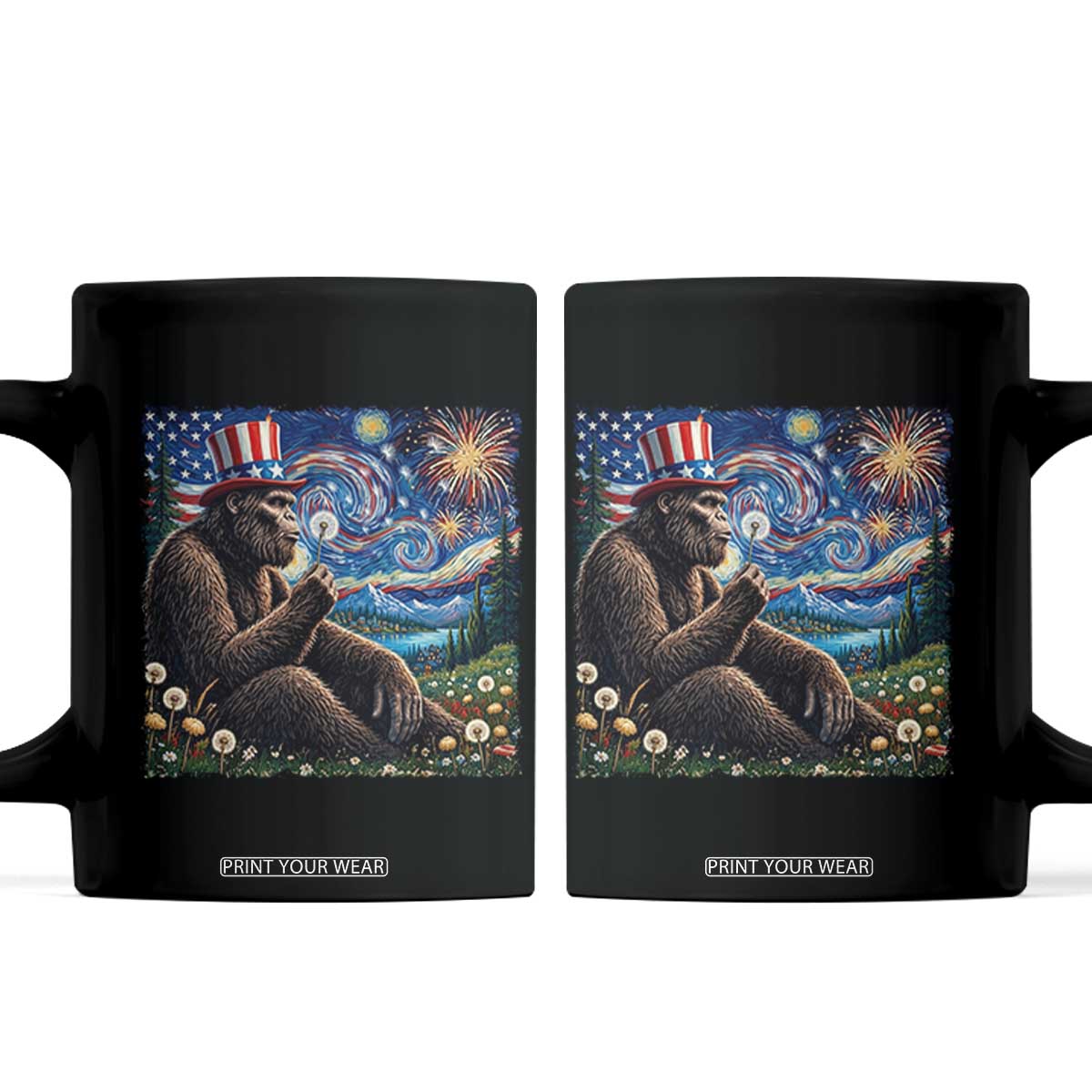 Bigfoot Blowing Dandelion Coffee Mug Sasquatch Van Gogh Starry Night 4th of July TS14 Black Print Your Wear