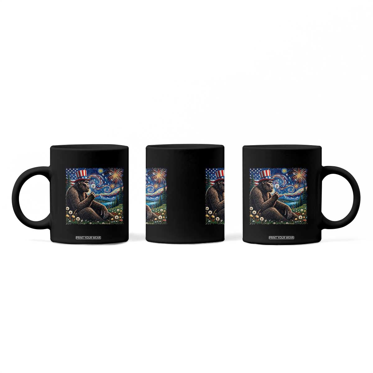 Bigfoot Blowing Dandelion Coffee Mug Sasquatch Van Gogh Starry Night 4th of July TS14 Print Your Wear