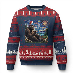 Bigfoot Blowing Dandelion Ugly Christmas Sweater Sasquatch Van Gogh Starry Night 4th of July TS14 Navy Red Print Your Wear
