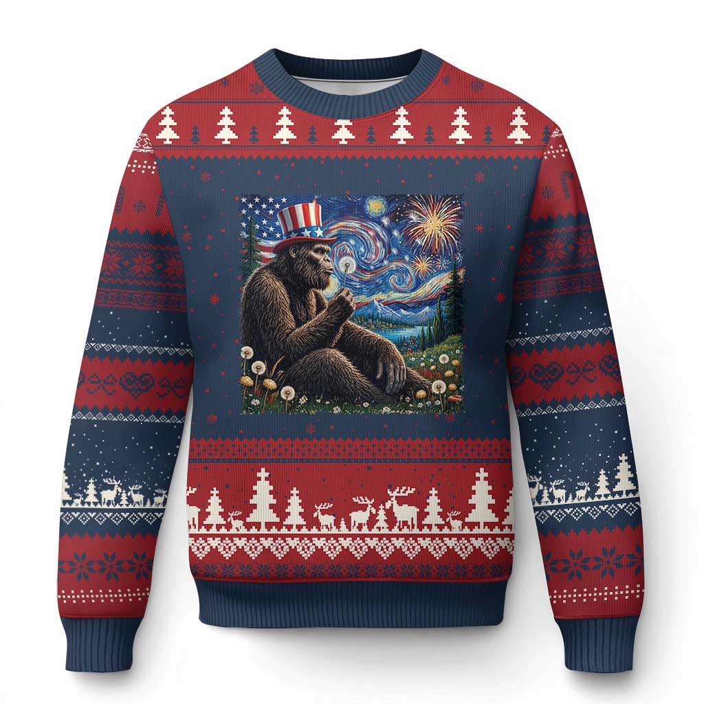 Bigfoot Blowing Dandelion Ugly Christmas Sweater Sasquatch Van Gogh Starry Night 4th of July TS14 Navy Red Print Your Wear