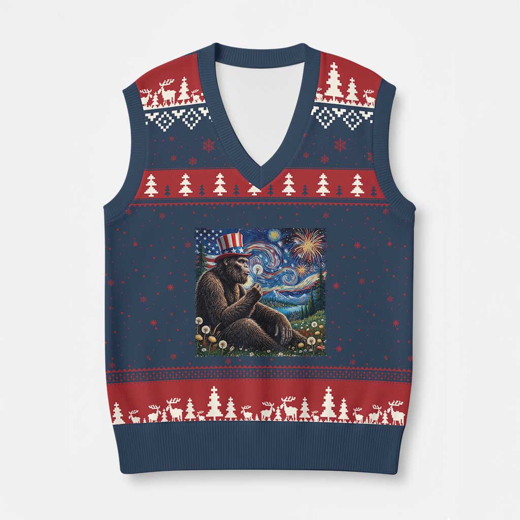 Bigfoot Blowing Dandelion V-Neck Knit Sweater Vest Sasquatch Van Gogh Starry Night 4th of July TS14 Navy Red Print Your Wear