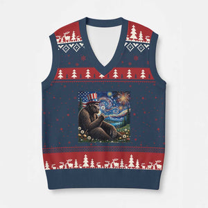 Bigfoot Blowing Dandelion V-Neck Knit Sweater Vest Sasquatch Van Gogh Starry Night 4th of July TS14 Navy Red Print Your Wear