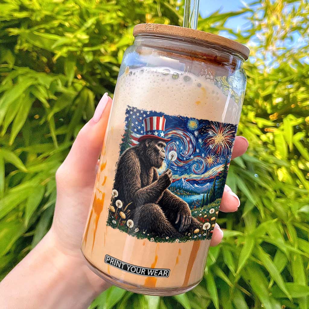 Bigfoot Blowing Dandelion Glass Can Sasquatch Van Gogh Starry Night 4th of July TS14 Black Print Your Wear
