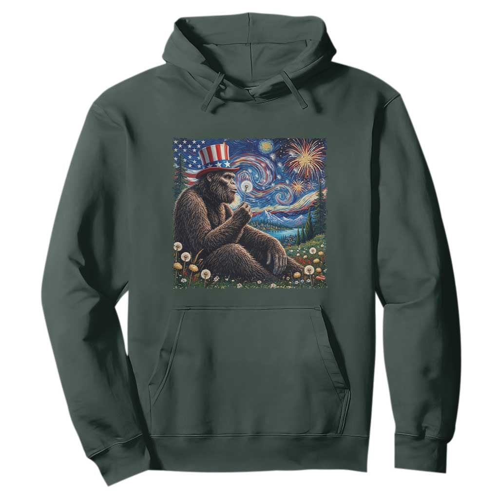 Bigfoot Blowing Dandelion Hoodie Sasquatch Van Gogh Starry Night 4th of July TS14 Dark Forest Green Print Your Wear