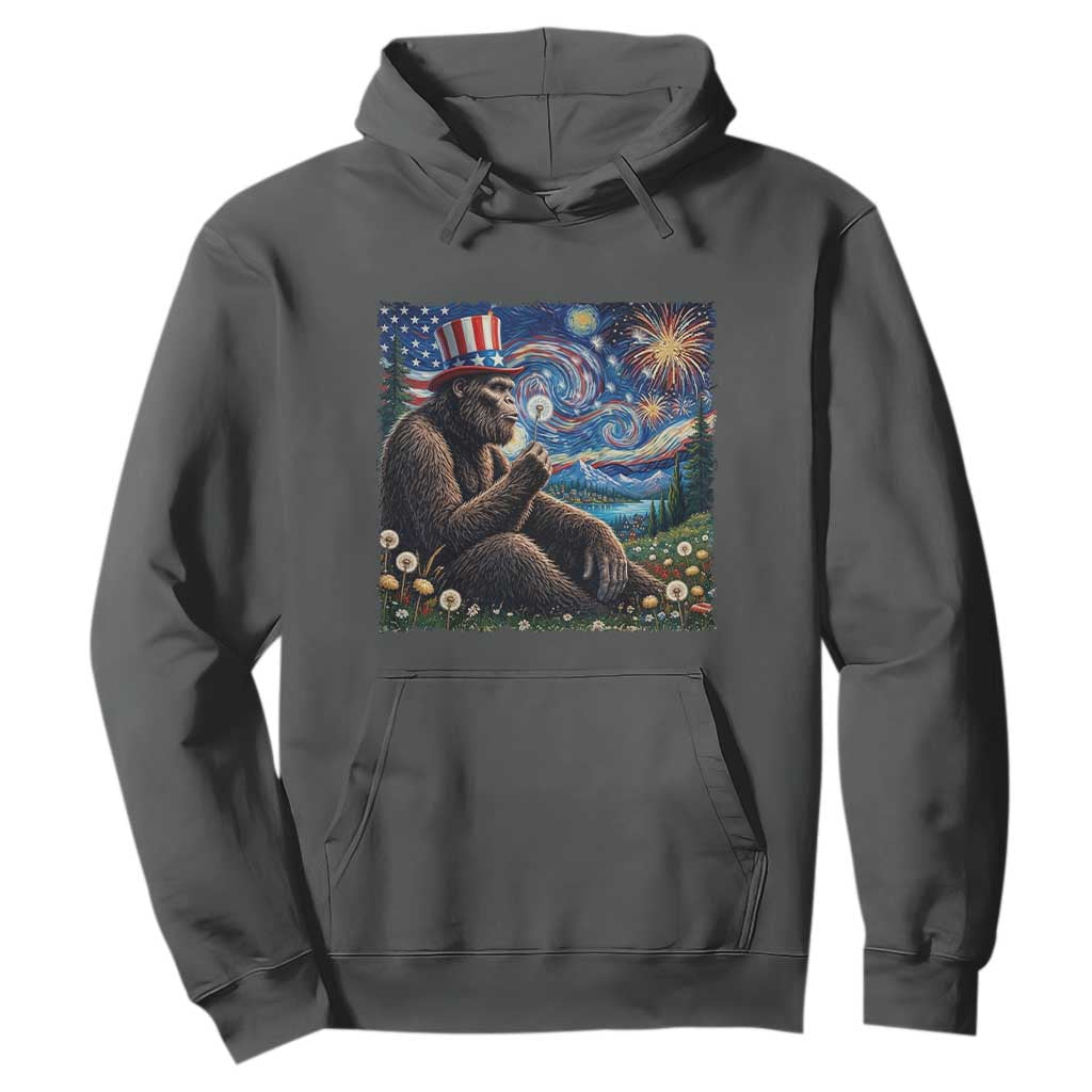 Bigfoot Blowing Dandelion Hoodie Sasquatch Van Gogh Starry Night 4th of July TS14 Dark Heather Print Your Wear