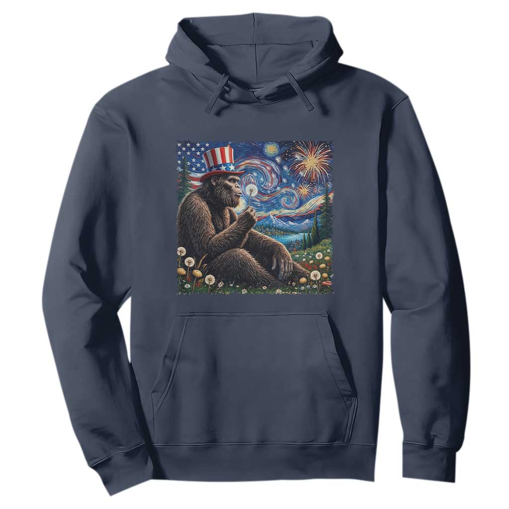 Bigfoot Blowing Dandelion Hoodie Sasquatch Van Gogh Starry Night 4th of July TS14 Navy Print Your Wear
