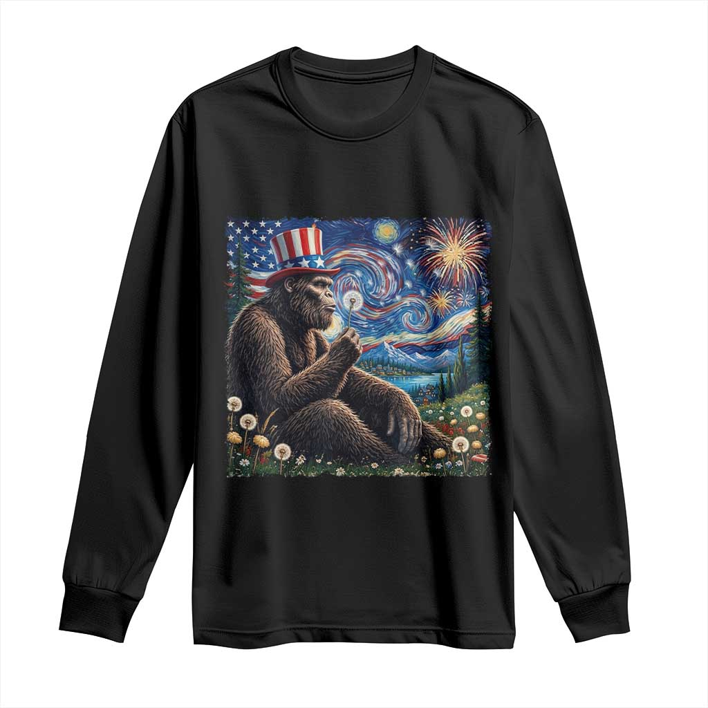 Bigfoot Blowing Dandelion Long Sleeve Shirt Sasquatch Van Gogh Starry Night 4th of July TS14 Black Print Your Wear
