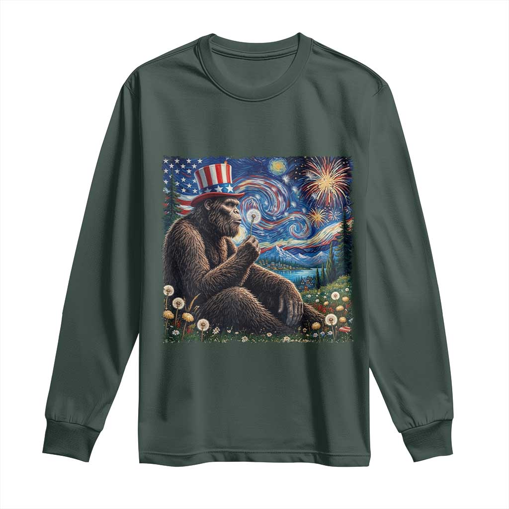 Bigfoot Blowing Dandelion Long Sleeve Shirt Sasquatch Van Gogh Starry Night 4th of July TS14 Dark Forest Green Print Your Wear