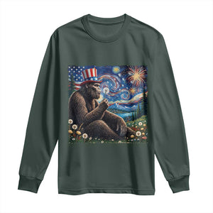 Bigfoot Blowing Dandelion Long Sleeve Shirt Sasquatch Van Gogh Starry Night 4th of July TS14 Dark Forest Green Print Your Wear