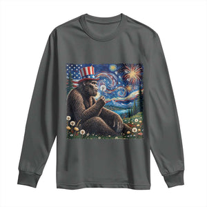 Bigfoot Blowing Dandelion Long Sleeve Shirt Sasquatch Van Gogh Starry Night 4th of July TS14 Dark Heather Print Your Wear