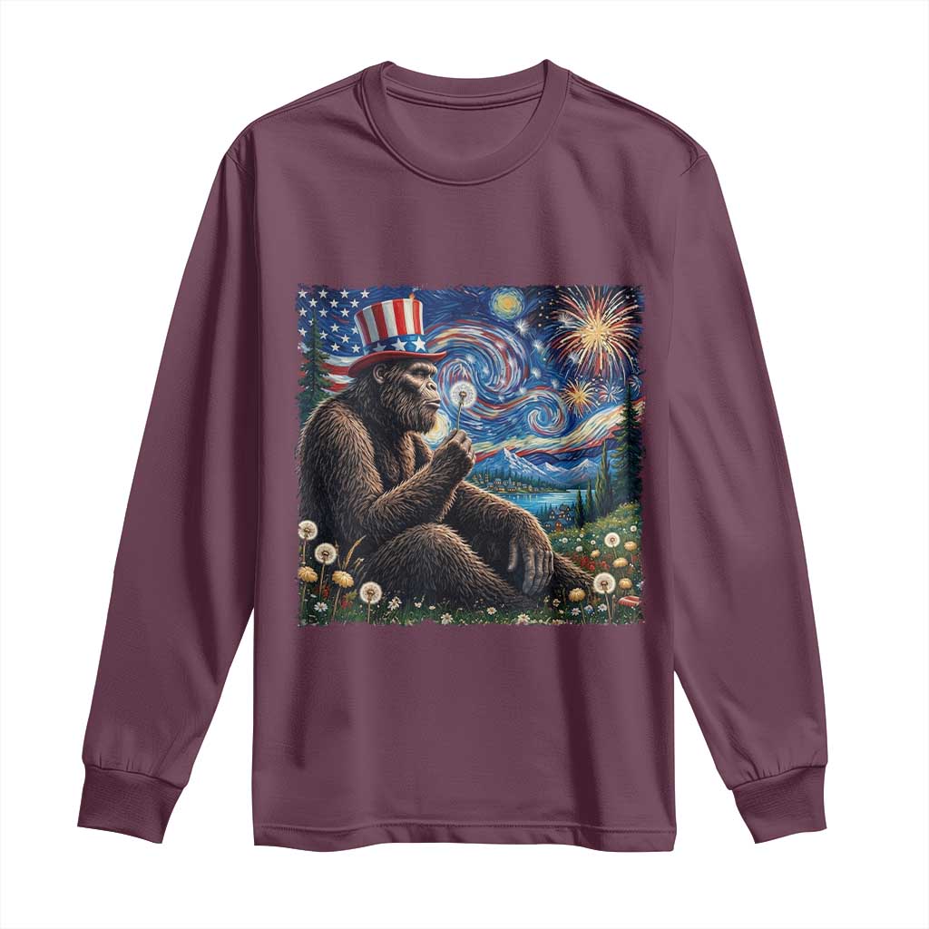 Bigfoot Blowing Dandelion Long Sleeve Shirt Sasquatch Van Gogh Starry Night 4th of July TS14 Maroon Print Your Wear