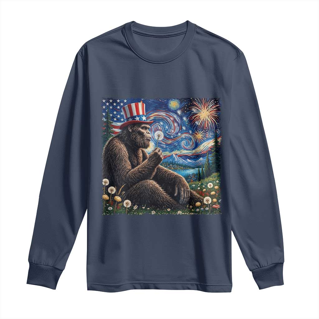 Bigfoot Blowing Dandelion Long Sleeve Shirt Sasquatch Van Gogh Starry Night 4th of July TS14 Navy Print Your Wear