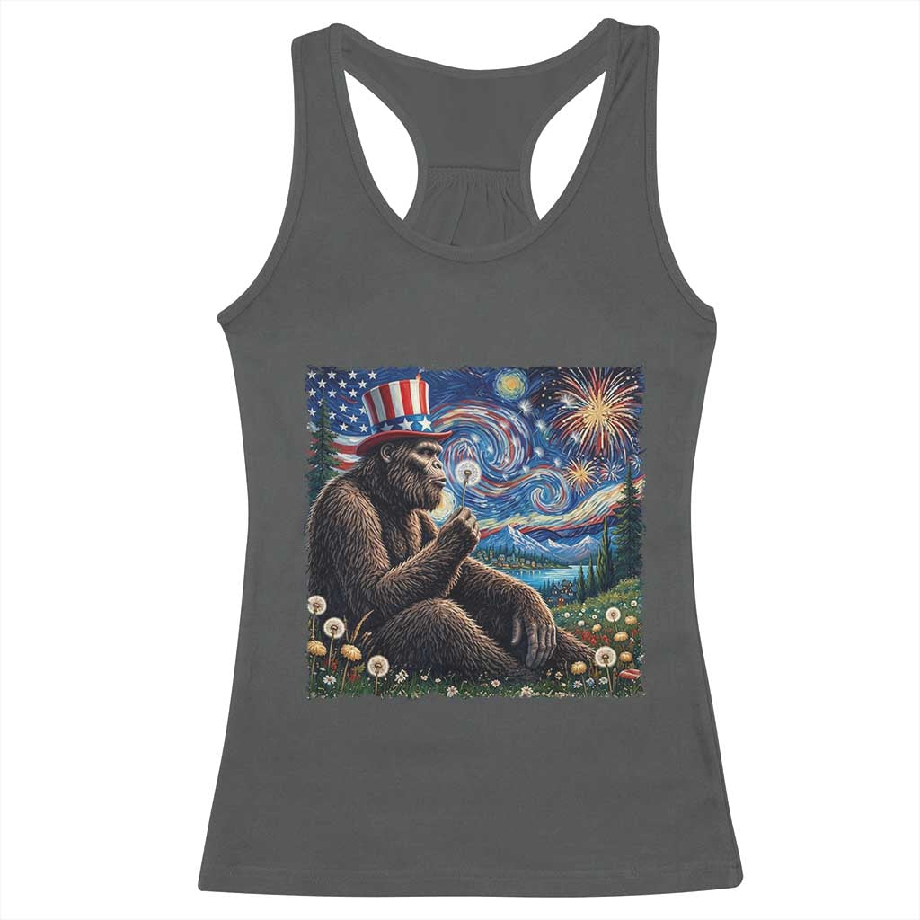 Bigfoot Blowing Dandelion Racerback Tank Top Sasquatch Van Gogh Starry Night 4th of July TS14 Dark Heather Print Your Wear