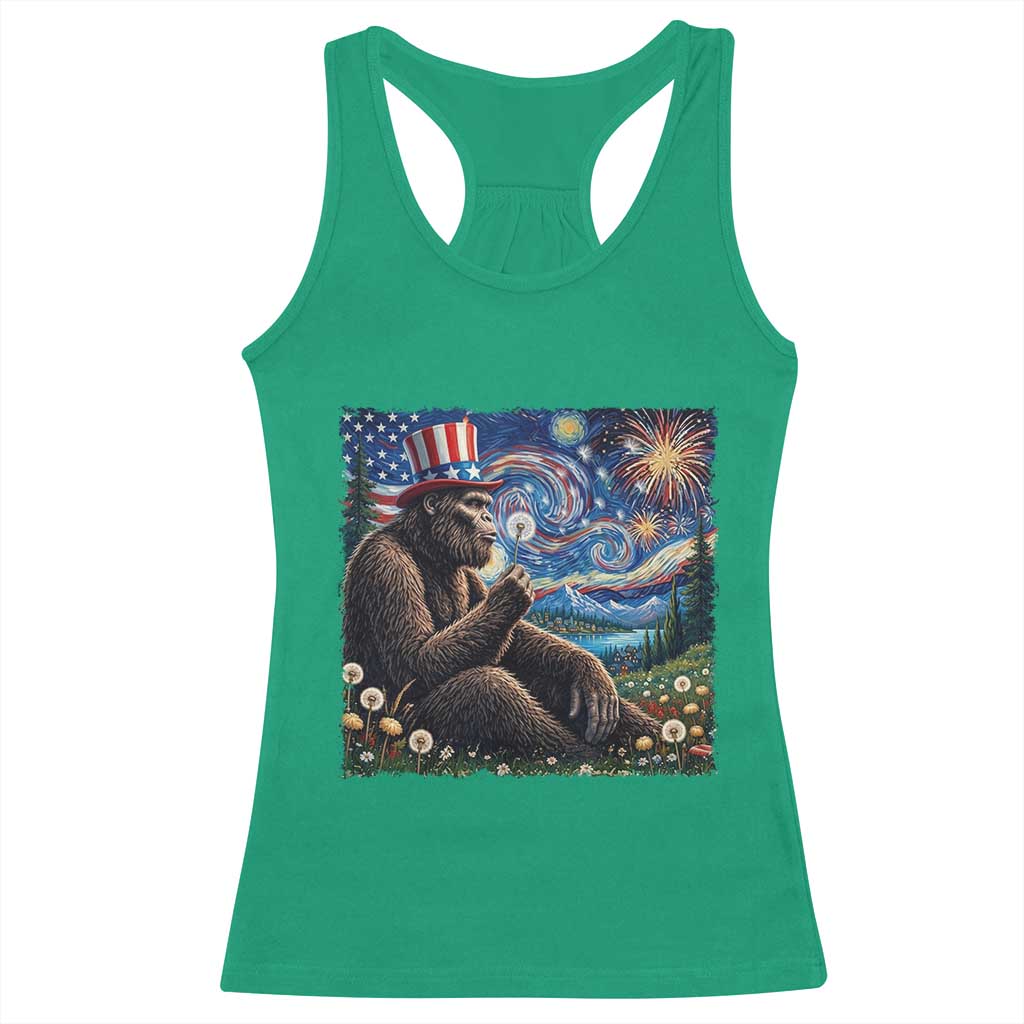 Bigfoot Blowing Dandelion Racerback Tank Top Sasquatch Van Gogh Starry Night 4th of July TS14 Irish Green Print Your Wear
