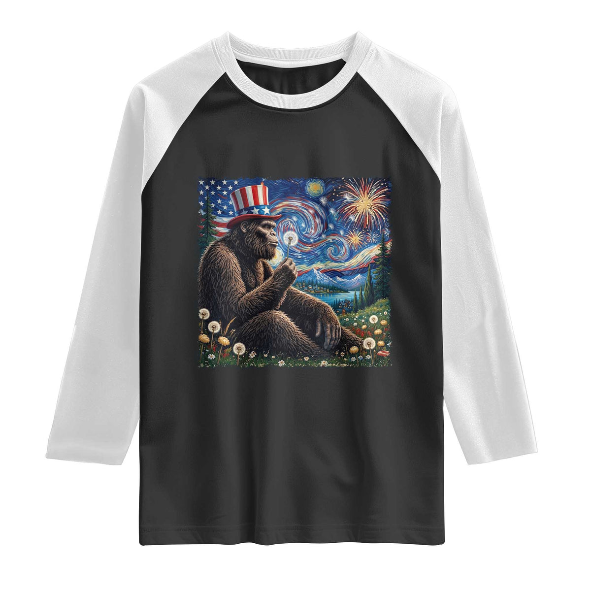 Bigfoot Blowing Dandelion Raglan Shirt Sasquatch Van Gogh Starry Night 4th of July TS14 Black White Print Your Wear