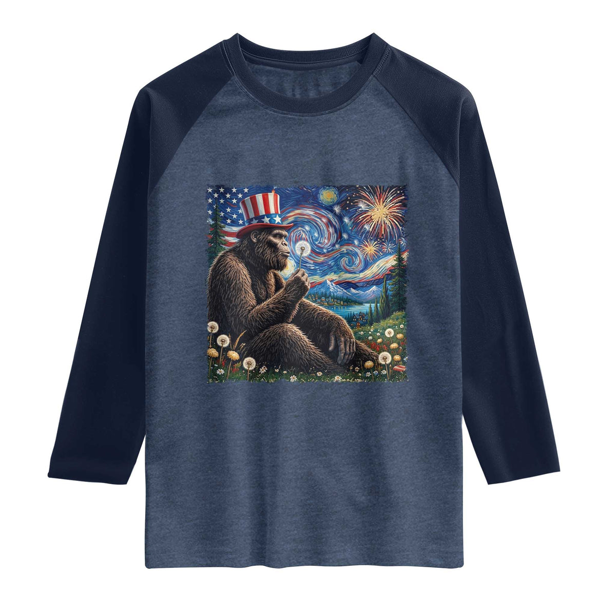 Bigfoot Blowing Dandelion Raglan Shirt Sasquatch Van Gogh Starry Night 4th of July TS14 Heather Denim Navy Print Your Wear