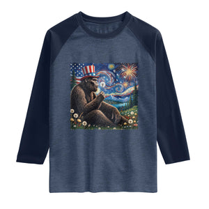 Bigfoot Blowing Dandelion Raglan Shirt Sasquatch Van Gogh Starry Night 4th of July TS14 Heather Denim Navy Print Your Wear
