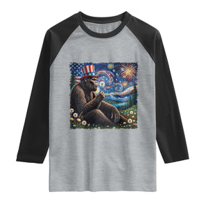 Bigfoot Blowing Dandelion Raglan Shirt Sasquatch Van Gogh Starry Night 4th of July TS14 Heather Gray Black Print Your Wear