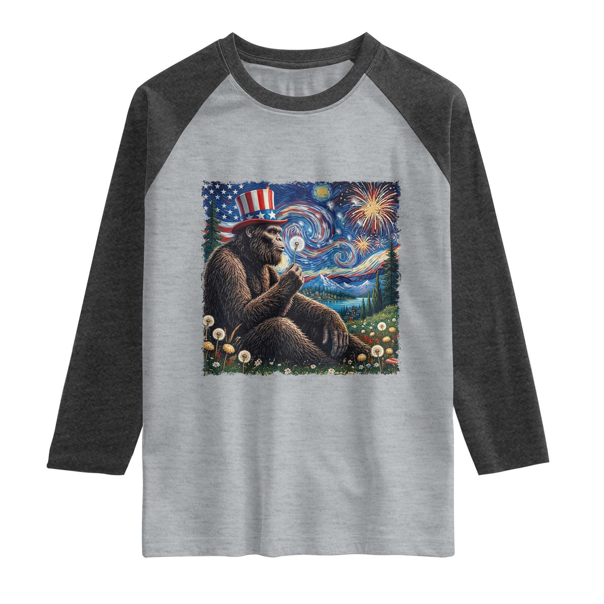 Bigfoot Blowing Dandelion Raglan Shirt Sasquatch Van Gogh Starry Night 4th of July TS14 Heather Gray Heather Charcoal Print Your Wear