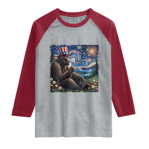 Bigfoot Blowing Dandelion Raglan Shirt Sasquatch Van Gogh Starry Night 4th of July TS14 Heather Gray Heather Red Print Your Wear